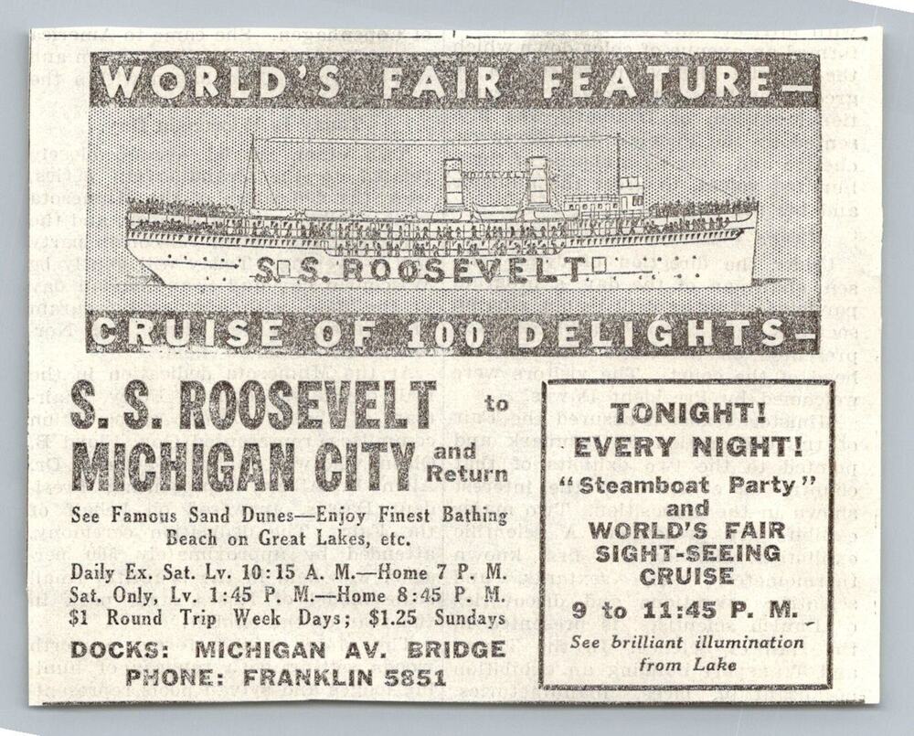 1933 S S Roosevelt Michigan City World's Fair Cruise Ephemera Chicago Print Ad